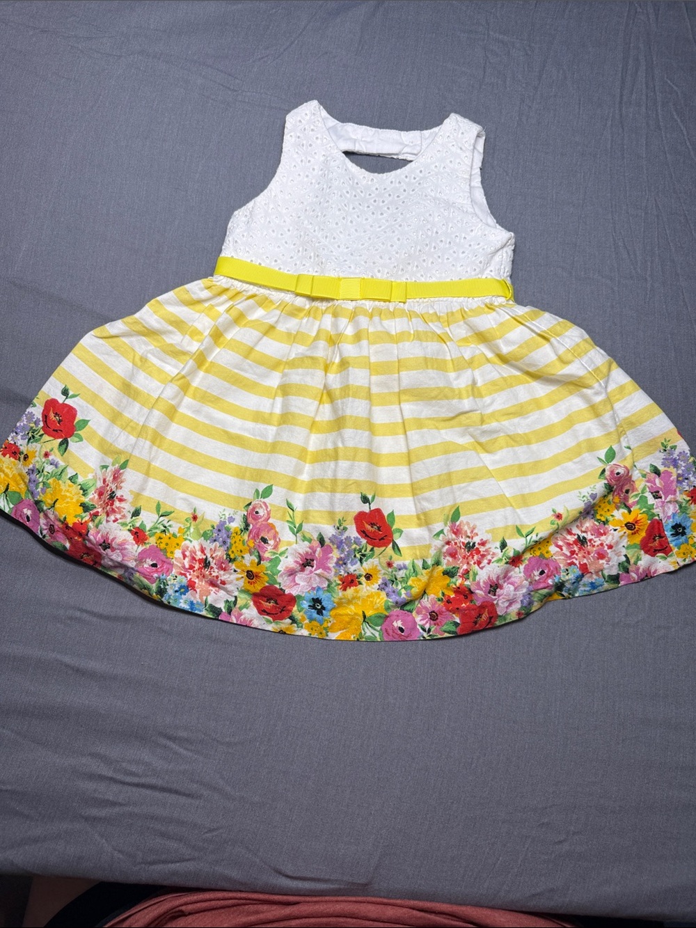 Rare Editions White Eyelet Top Yellow Striped Dress with Floral Hem